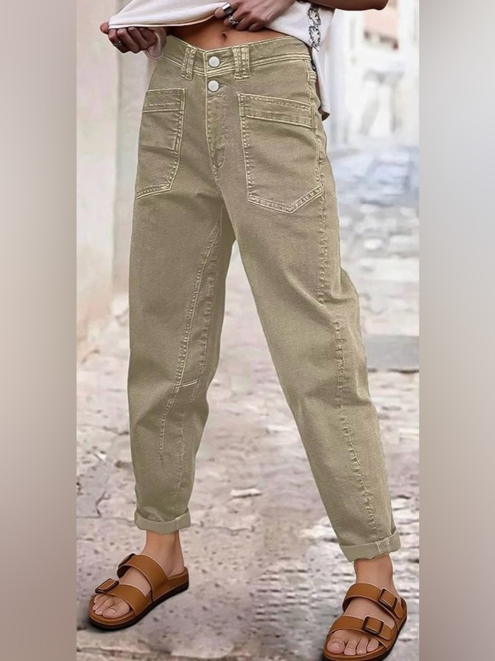 Flamingals Roll Hem Mid Waist Straight Leg Crop Jeans in Tan
